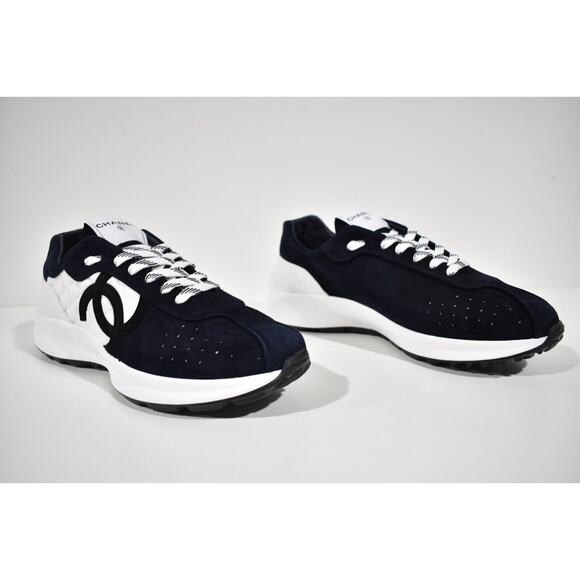 Chanel 22S Men Blue Suede White CC Logo Low Top Lace Up Trainer Sneaker 44 11 - Picture 2 of 10